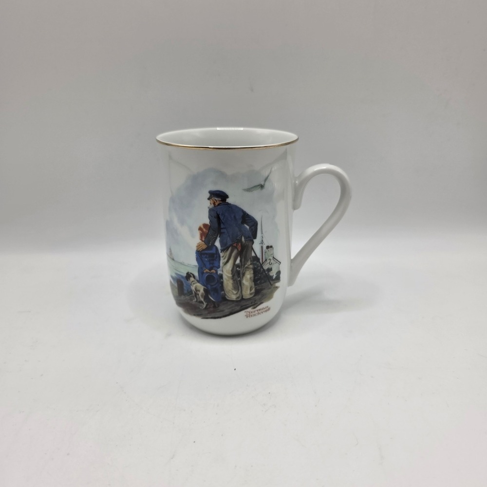 Norman Rockwell‎ Mug White Looking Out To Sea Gold Rim Vintage 1985 Art